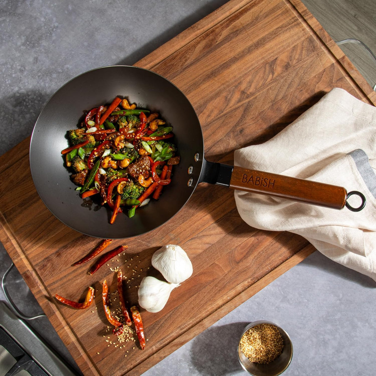9.5 Inch Carbon Steel Wok Pan, Flat Bottom Stir Fry Pan, Induction