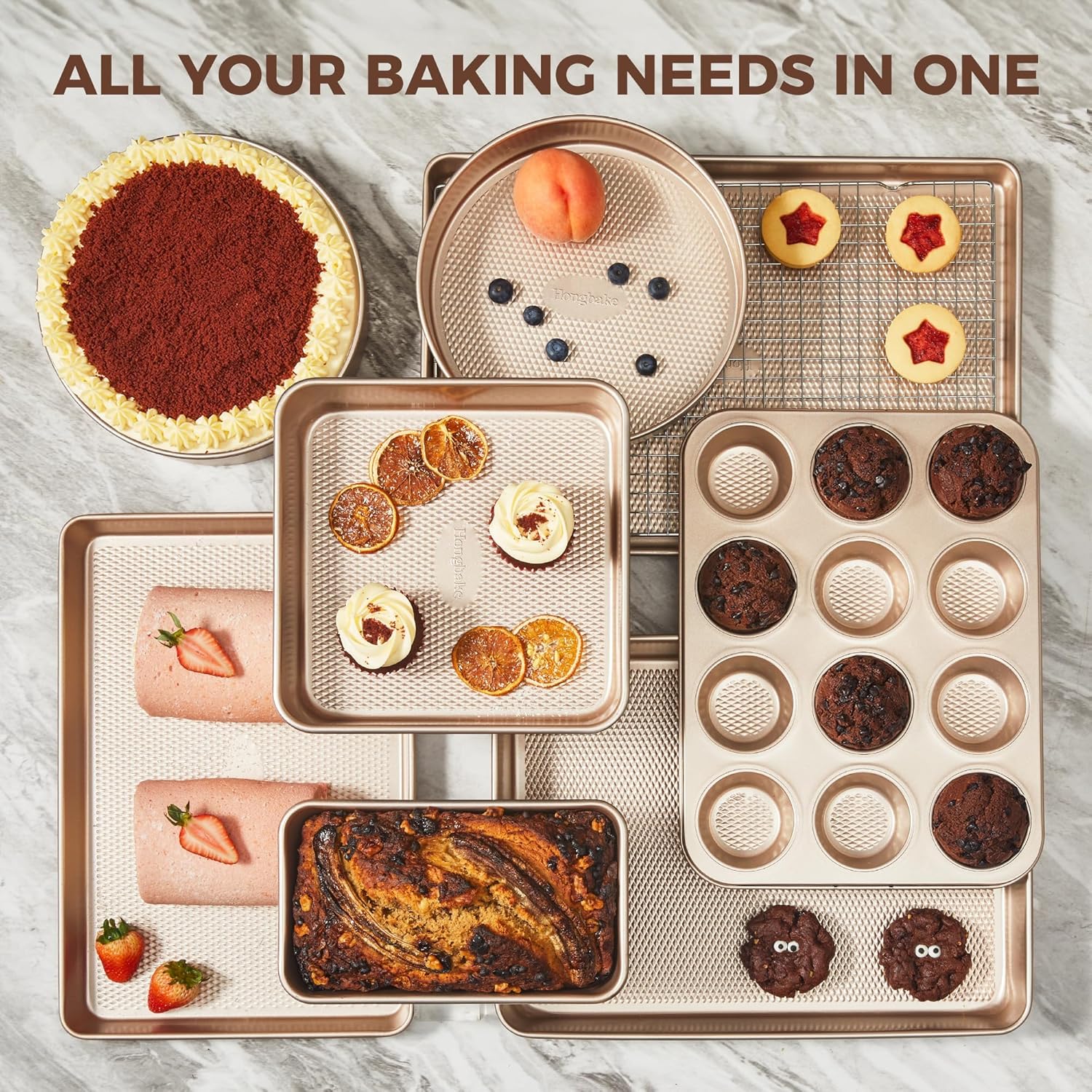 9-Piece Baking Pans Set Nonstick, Stackable Non Toxic Bakeware Sets with Diamond Texture, Oven Pan Set for Cooking