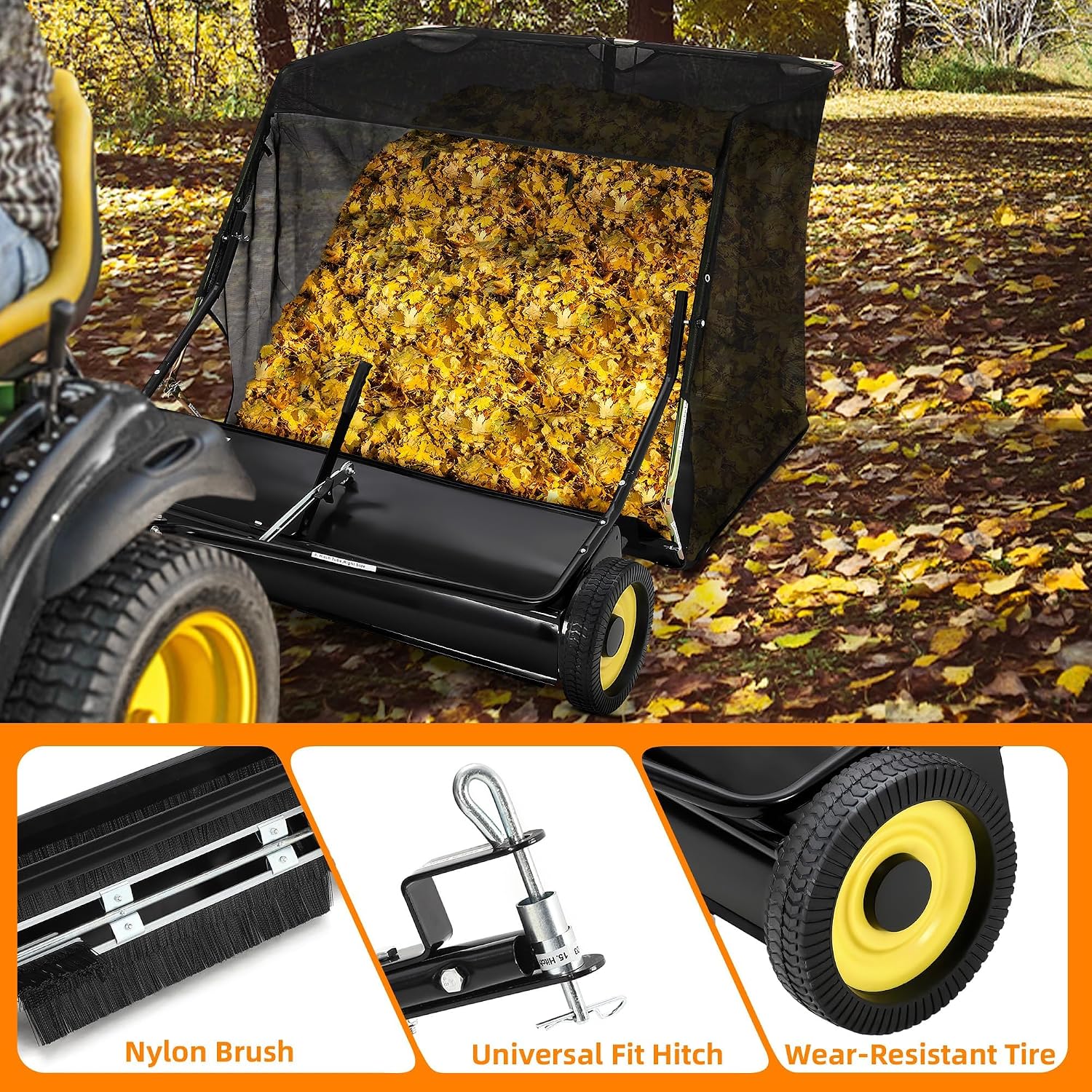 52" Heavy Duty Tow Behind Lawn Sweeper - 26 Cu.ft Hopper, Adjustable Sweeping Height, Pull Behind Yard Sweeper for