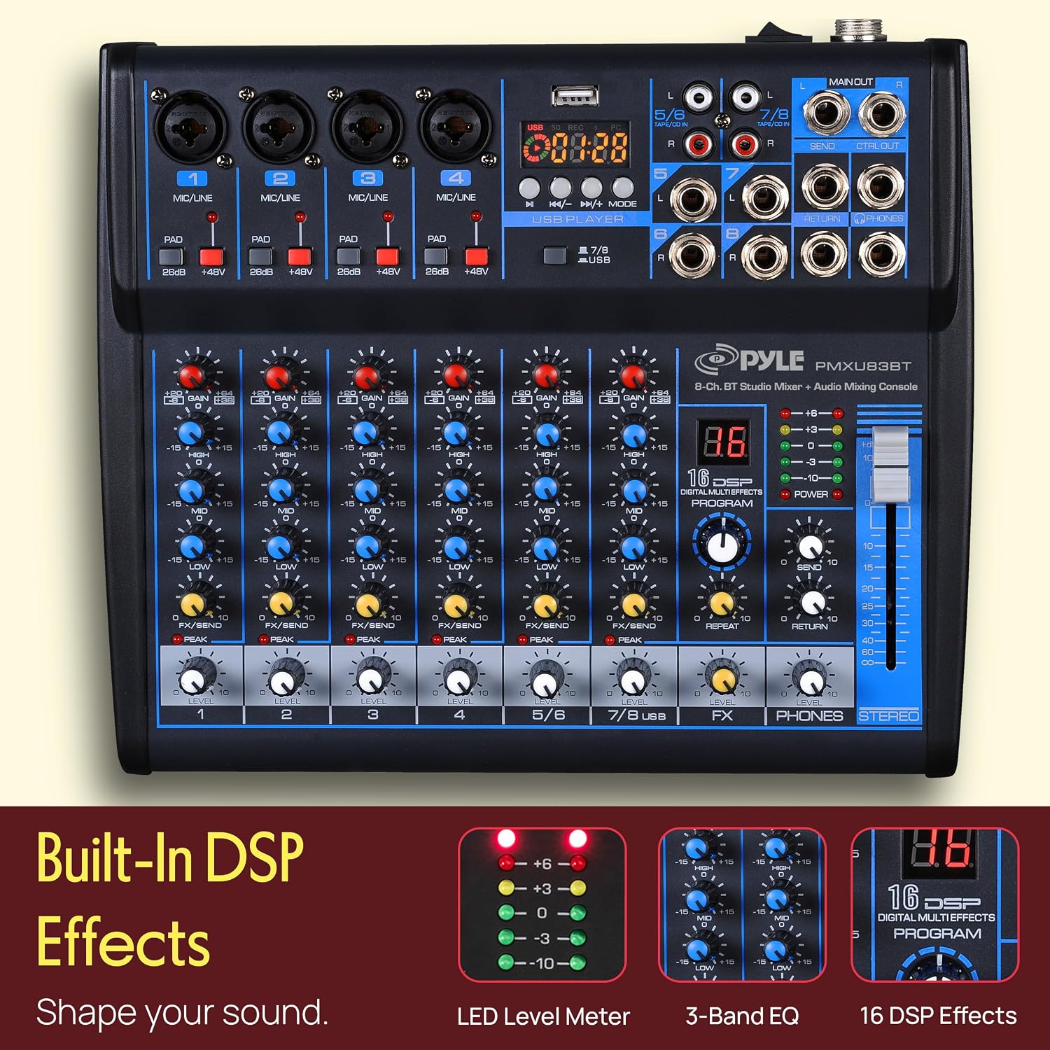 8 Channel DJ Audio Mixer, Bluetooth, DSP FX, USB, Audio Interface | +48V Phantom Power, 16Bit DSP Processor, USB-A