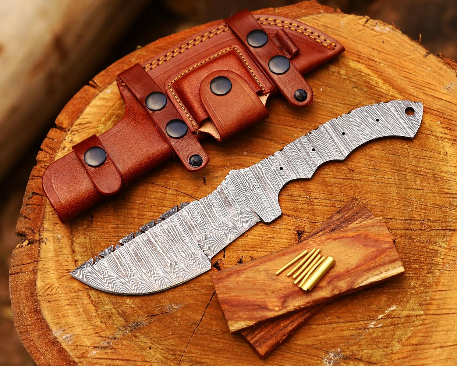 Damascus Tracker DIY Handmade Knife Kit - Includes Knife Blank, Steel Blade, Pins, Sheath, Handle Scales - Making