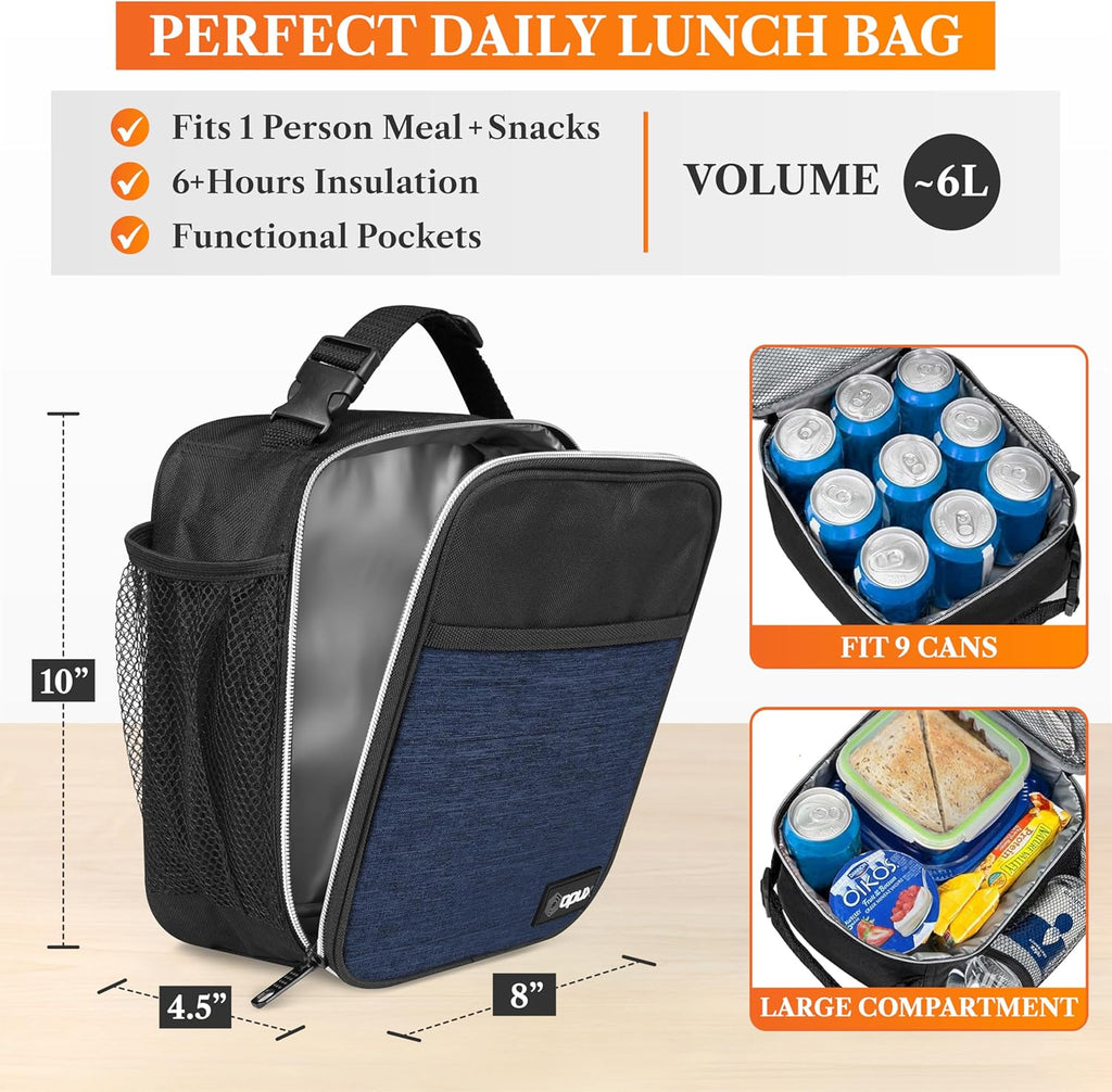 Insulated Lunch Bag for Kids Boys Girls, Small Compact Lunch Box with Wide Opening & Mesh Pockets, Reusable Lunch