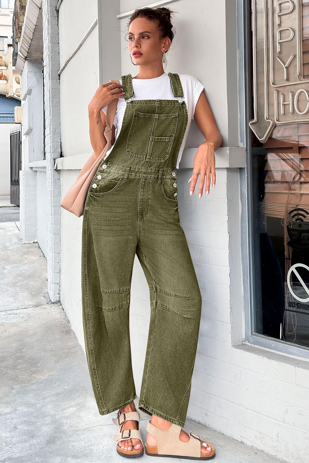 Womens Denim Bib Overalls Barrel Leg Adjustable Strap Jean Jumpsuit