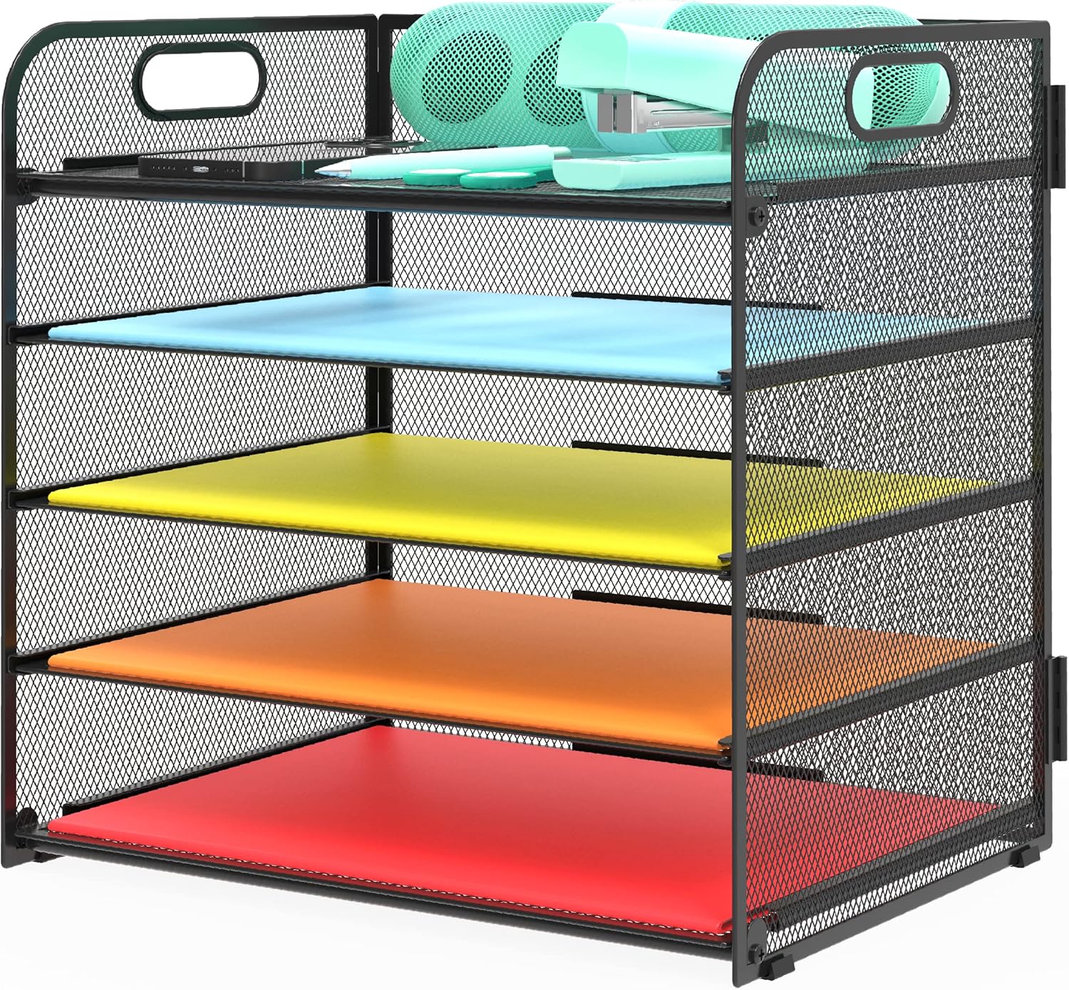 Letter Tray Paper Organizer 5-Tier Desk Organizer File Organizer Paper Holder with Handle, Metal Desktop Document