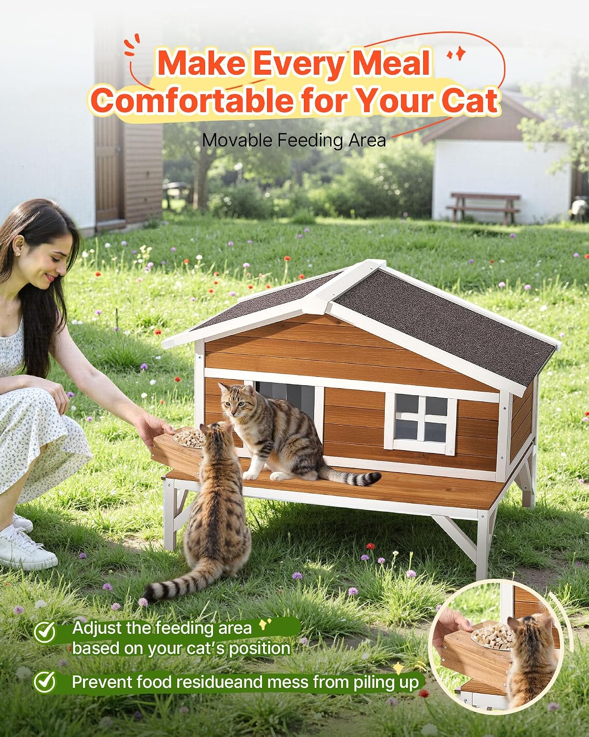 Insulated Cat House, All-Around Foam Insulation Elevated Cat Shelter, Wooden Feral Kitty Shelter with Large Platform