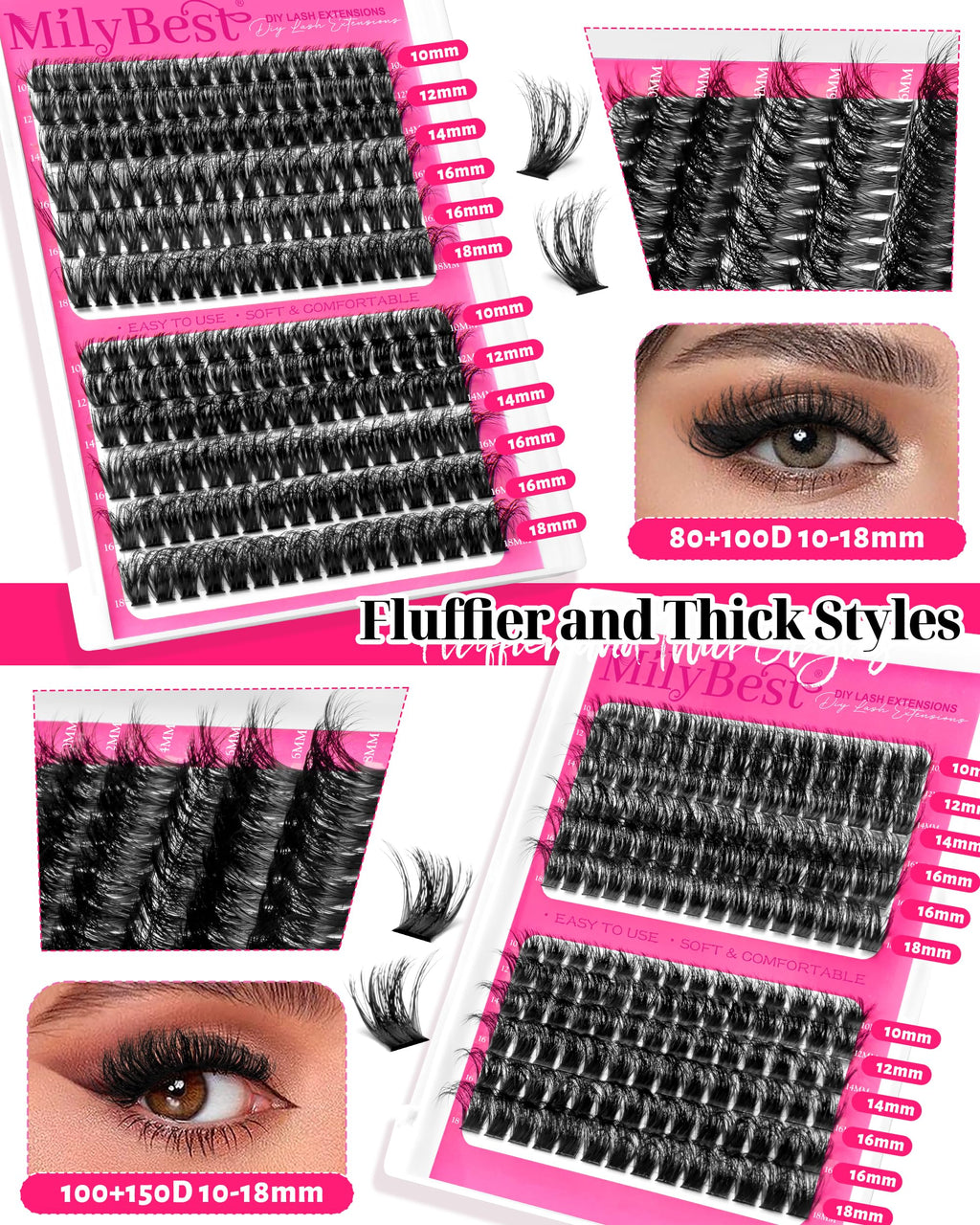 4 Styles Lash Clusters Kit, 864 Pcs D Curl Volume Lashes