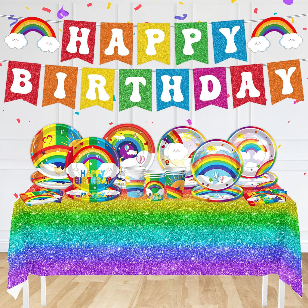 Rainbow Birthday Party Supplies Rainbow Theme Party Decorations for Boy, Include Tablecloth Banner Plate Napkin Cups