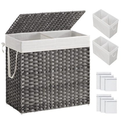 Laundry Hamper with Lid, 130L Double Wicker Basket, 6 Mesh Bags