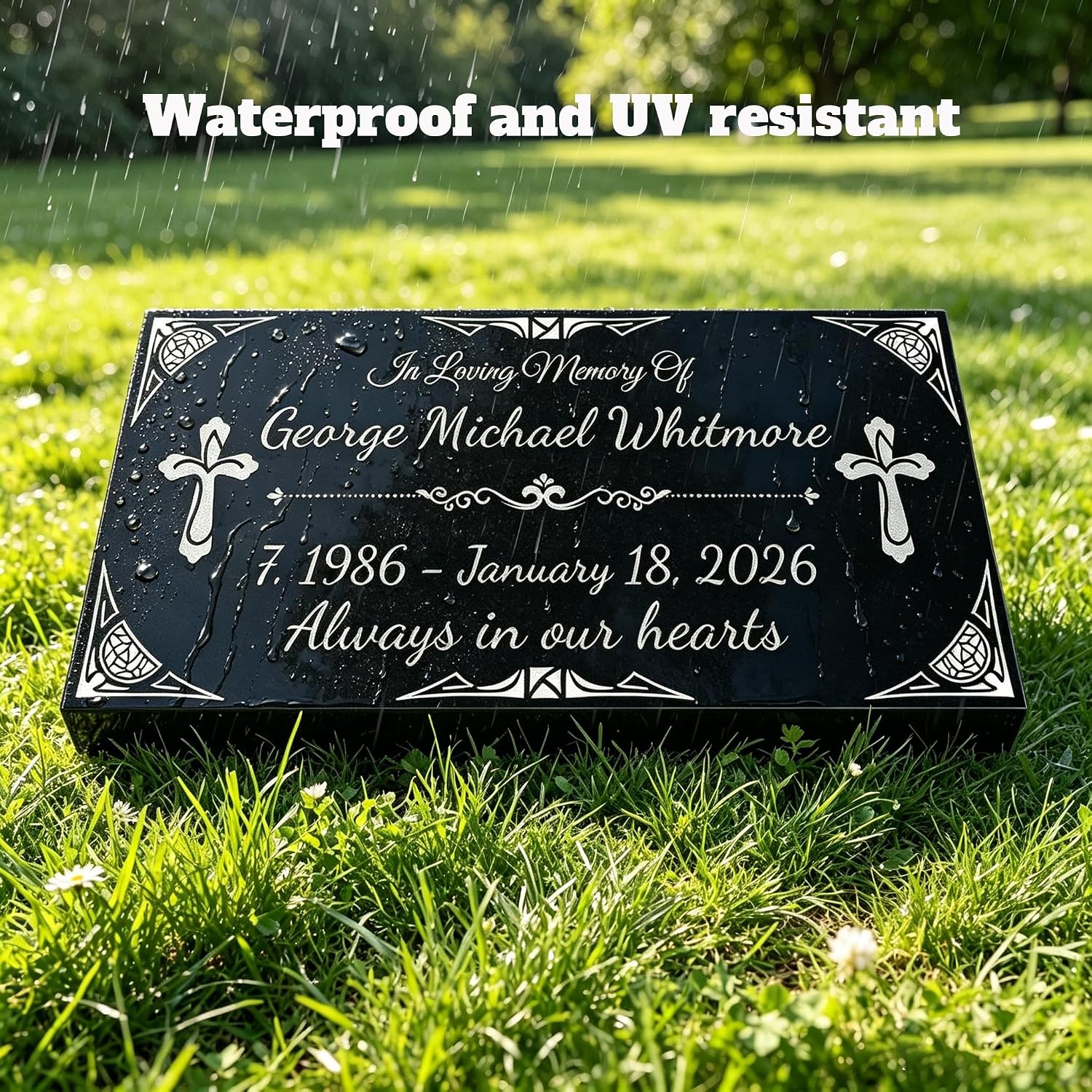 Personalized Human Memorial Stone, Black Granite Headstone with Photo, Engraved Grave Marker for Cemetery Outdoor