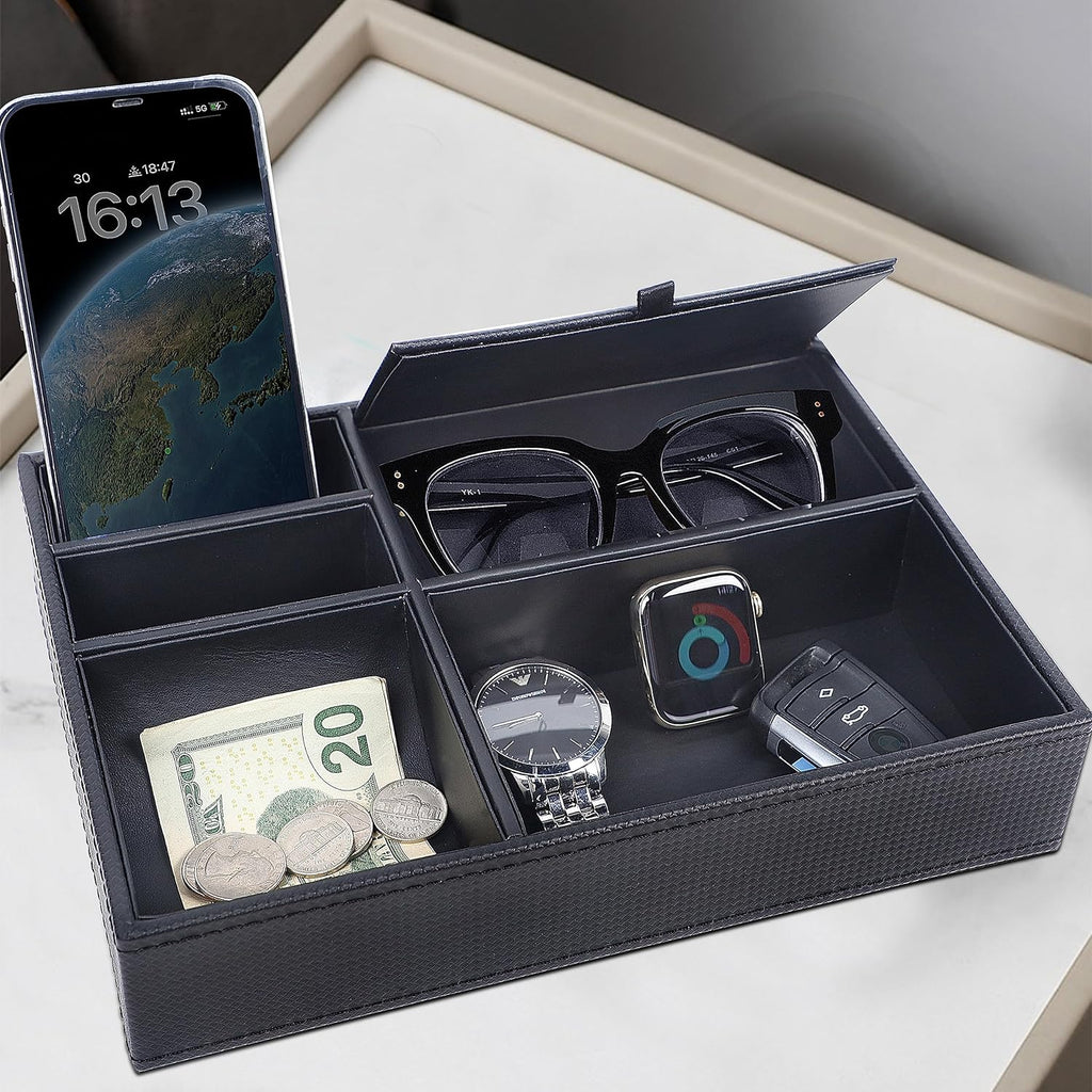 Men's Valet Tray, Jewelry Box Nightstand Organizer with 5 Compartments for Phone Keys Wallet Watch Glasses, Faux