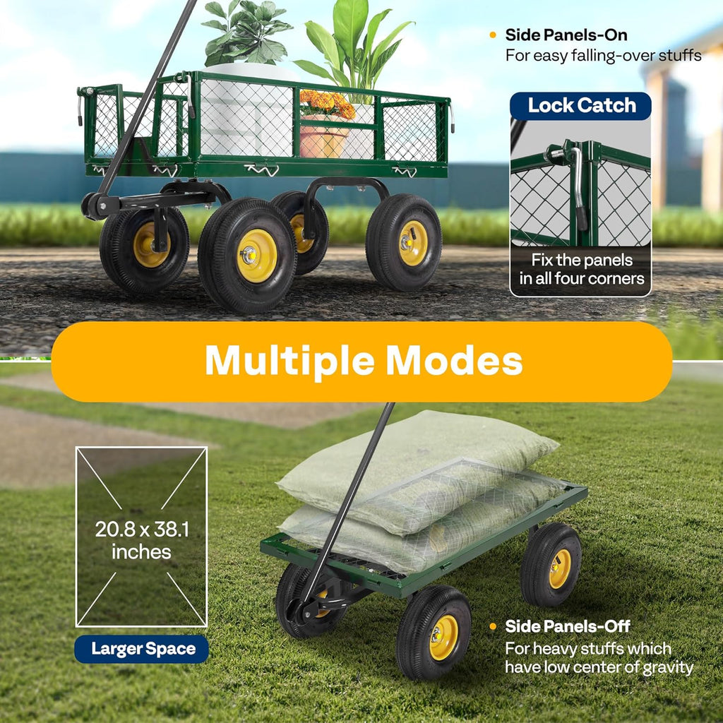 Heavy Duty 880 Lbs Capacity Mesh Steel Garden Cart Folding Utility Wagon with Removable Sides and 4.10/3.50-4" Wheels