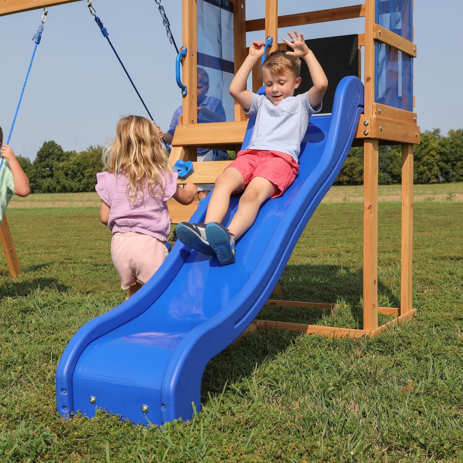 Bay Pointe Cedar Wood Swing Set with Wave Slide, Play Deck, Rock Wall Ladder, Belt Swings, Chalkboard, Canopy Roof