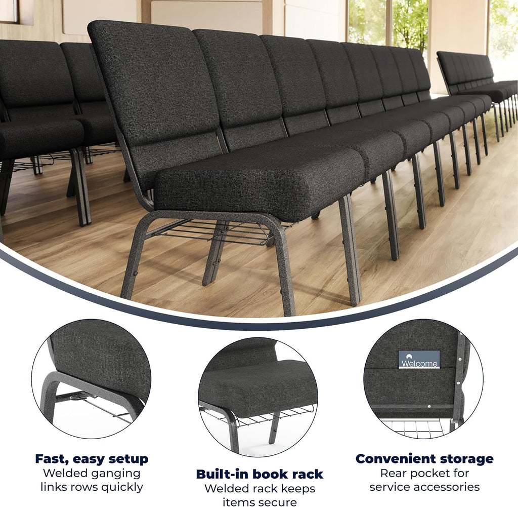 HERCULES Series 21''W Church Chair in Dark Gray Fabric with Book Rack - Silver Vein Frame
