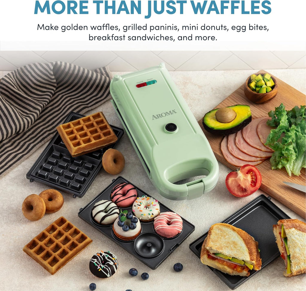 Swap & Flip Waffle Maker with Removable Plates: 3-in-1 Panini Press, Mini Donut Maker, and Waffle Iron
