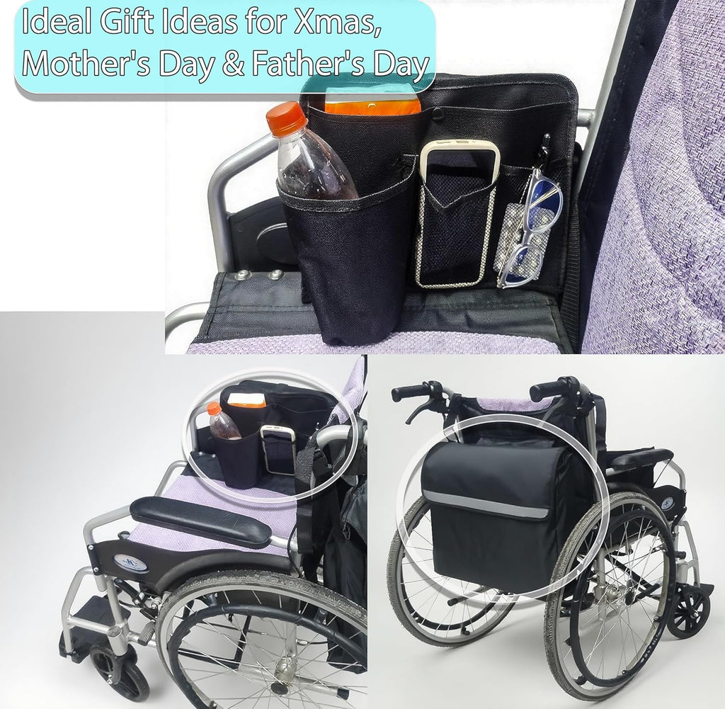 Wheelchair Accessories 2-Pack Set: Wheelchair Side Bag with Cup Holder & Back Bag - Fits All Wheelchairs | Wheelchair