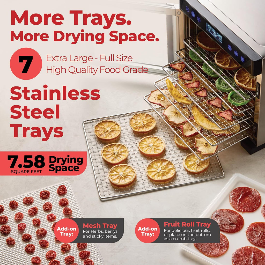 Pro Food Dehydrator Machine | 7 XL Stainless Steel Trays | Dryer for Jerky, Dog Treats, Herb, Meat, Beef, Fruit |