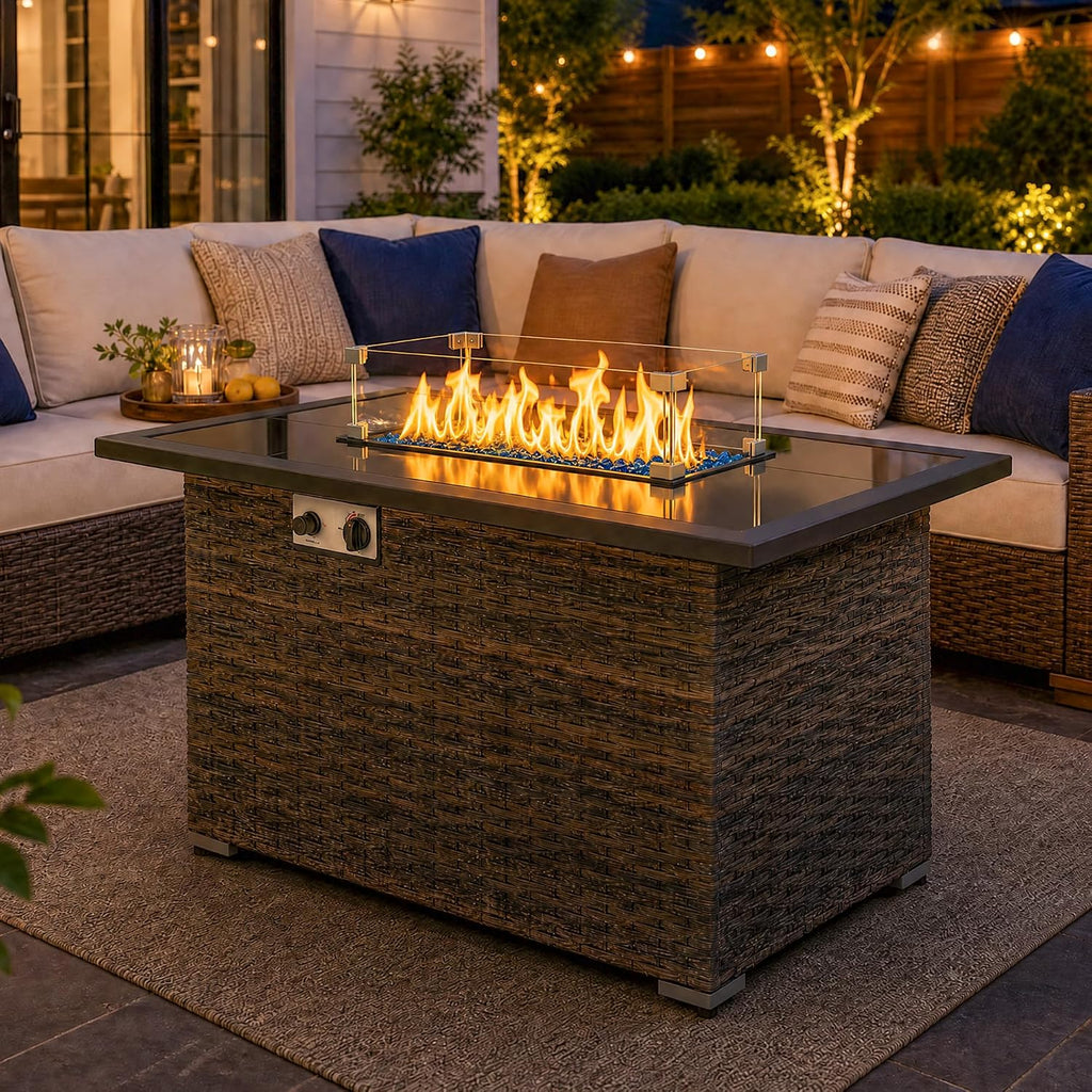 44" Propane Fire Pit Table with Tempered Glass Top, Lid, Brown