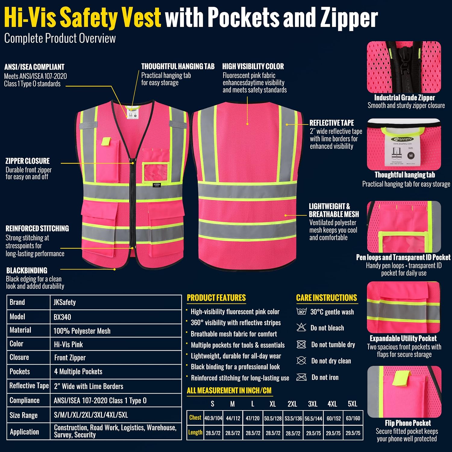 Safety Vest for men women Reflective Vest with Pockets and Zipper High Visibility Vests BX340