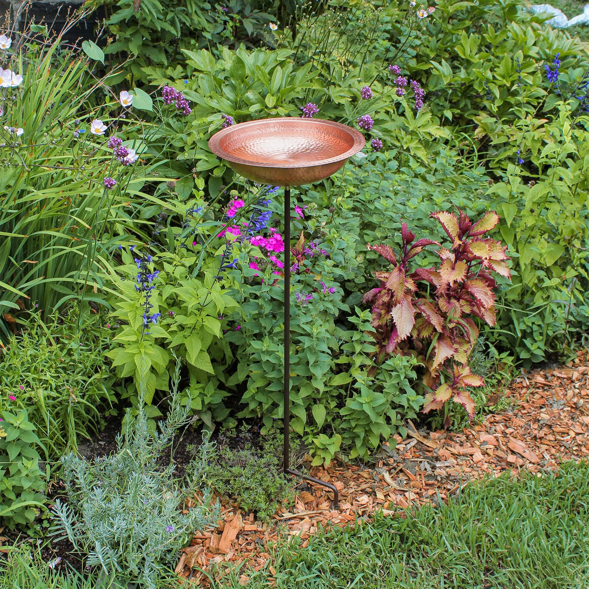 Hammered Solid Copper Birdbath- Stake