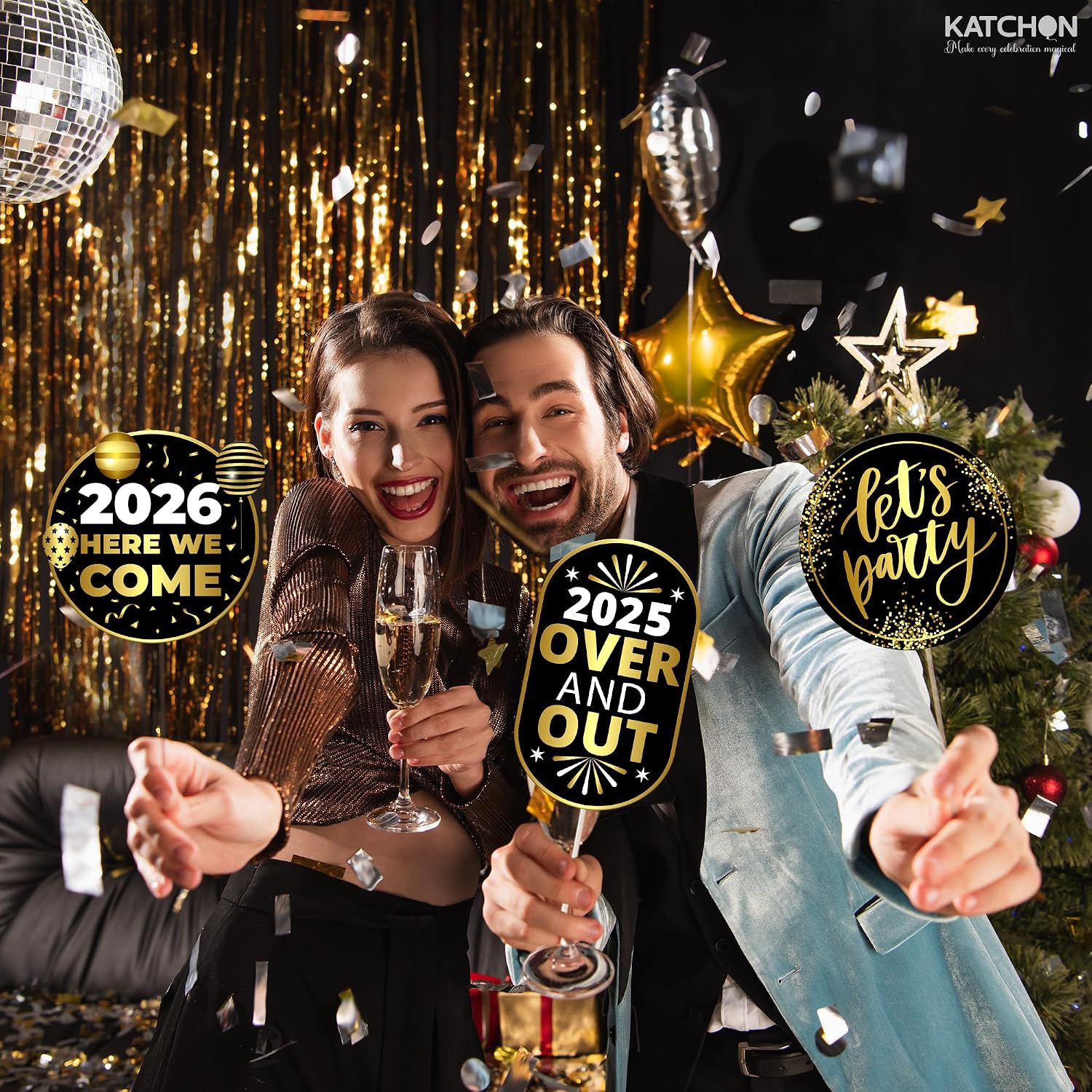 New Years Eve Photo Booth Props 2026, Pack of 35 | Gold and Black New Years Photo Booth Props for Happy New Years