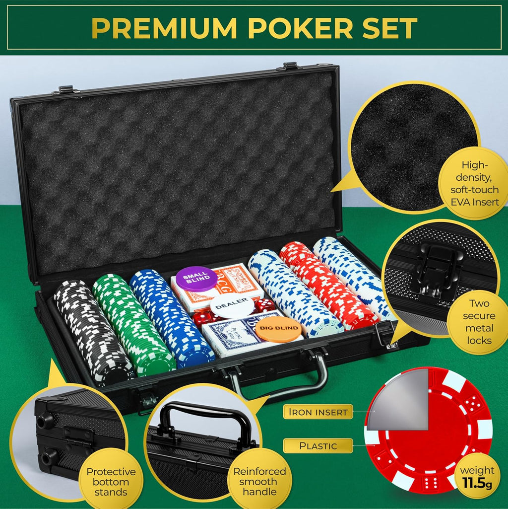 Poker Set with 300 Professional Weight Poker Chips for Texas Holdem – Poker Chip Set with Aluminum Carrying Case