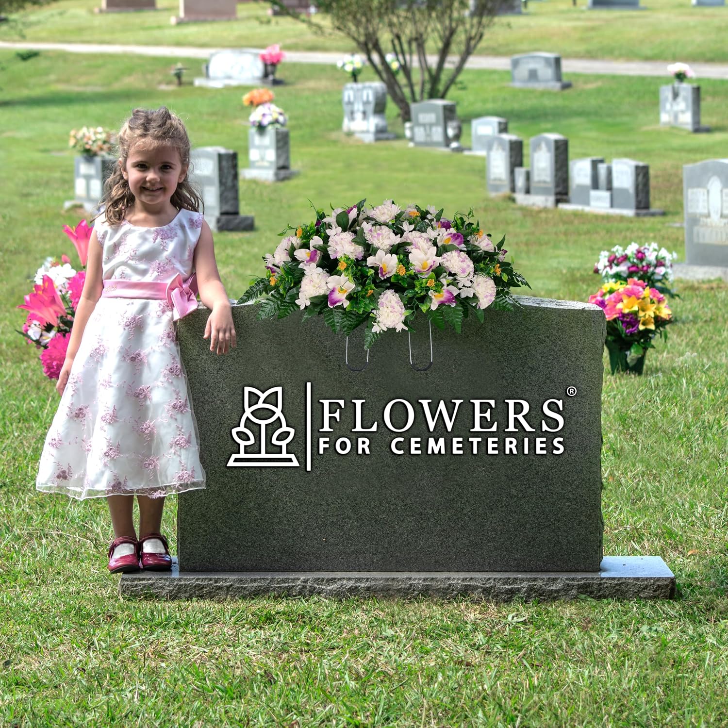 30" Headstone Flower Saddle Artificial Cemetery Flowers - Gravesite Flowers - White and Purple Carnations and