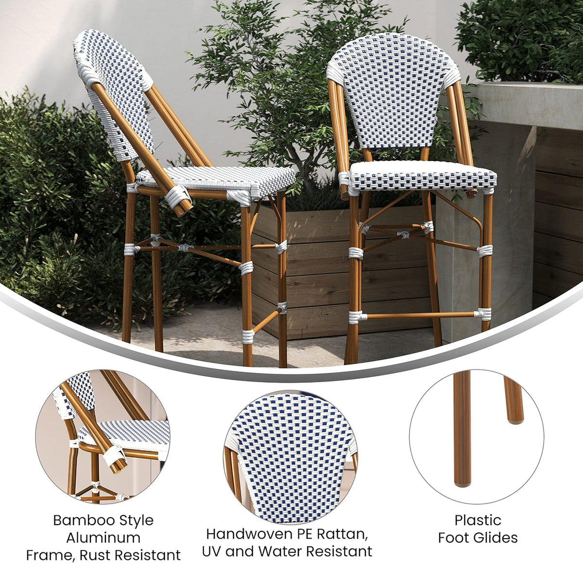 30 in Indoor/Outdoor Barstool, White/Navy, 2-Pack