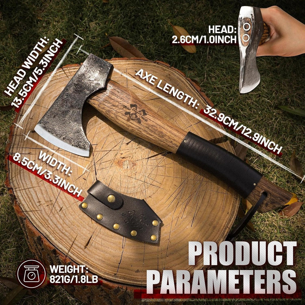 Camping Hatchet, Survival Axe with Sheath, High Carbon Steel and Wood Handle, Anti-Slip Grip – Ideal for Bushcraft