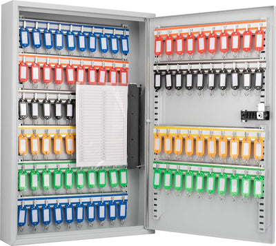 100 Position Key Lock Box – Wall Mount Steel Key Cabinet with Adjustable Numbered Hooks, Index Log, Colored Key Tags