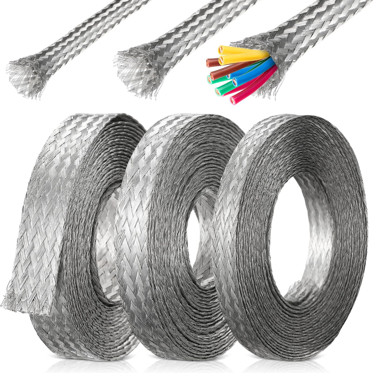 LEIFIDE Silver 3 Rolls Tinned Copper Braid Cable Shielding Sleeve