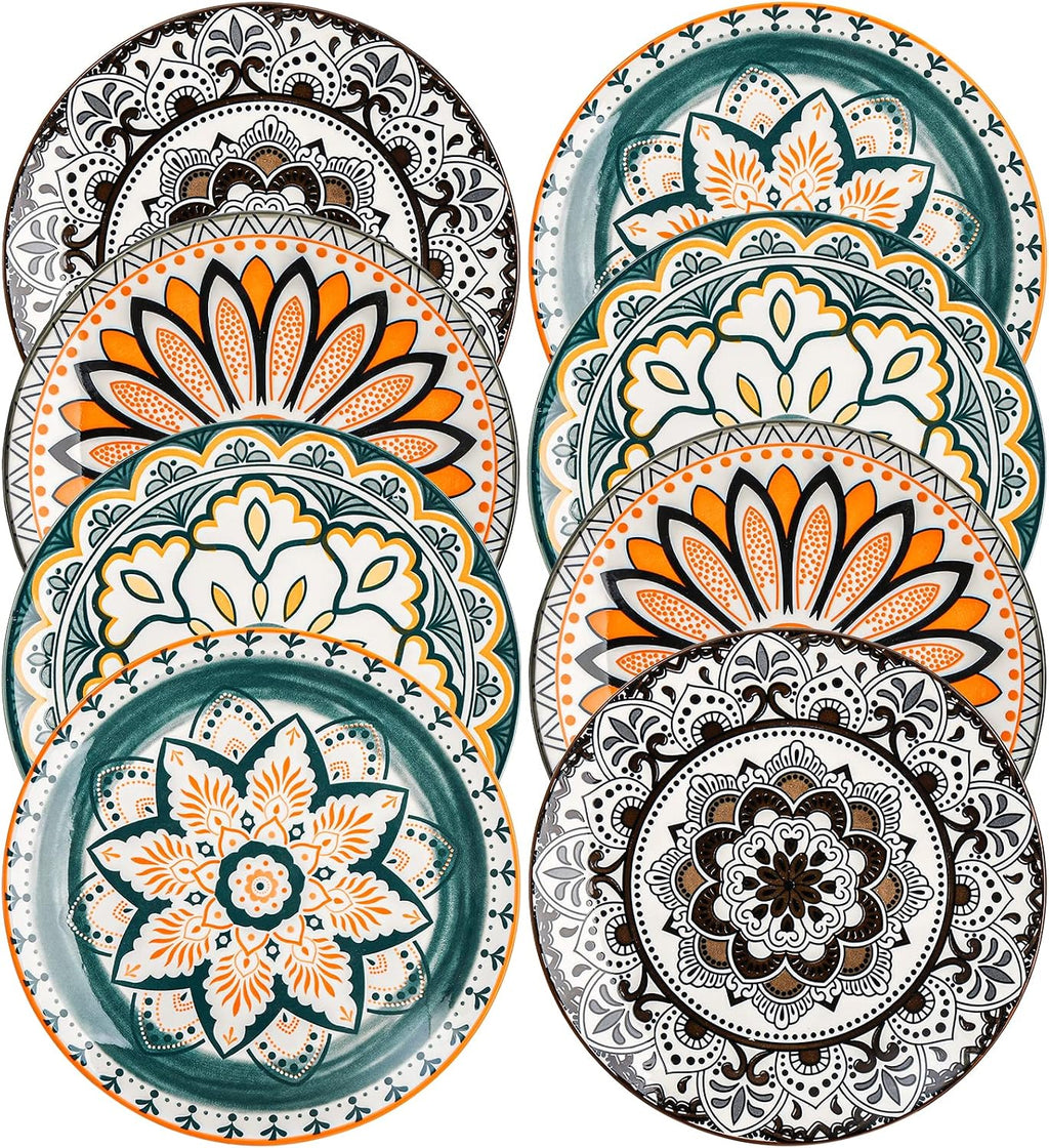 8 Pieces Salad Plates, 8.5 Inch Porcelain Floral Dessert Plates, Colorful Round Lunch Plate Sets for Appetizer Salad