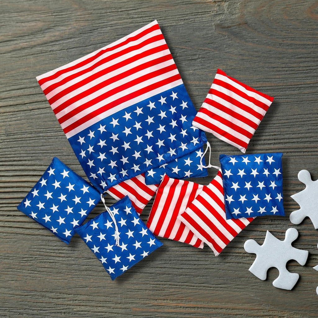 Patriotic Cornhole Stars & Stripes Bean Bags with Drawstring Bag - 6" Bean Bags with 12" Drawstring Bag (Set of 9)
