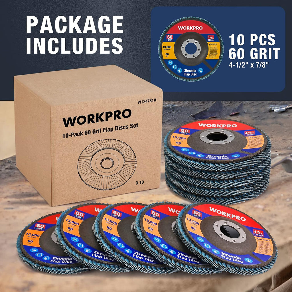 WORKPRO 10-Pack Zirconia Flap Discs, 4-1/2" x 7/8", T29, 60 Grit