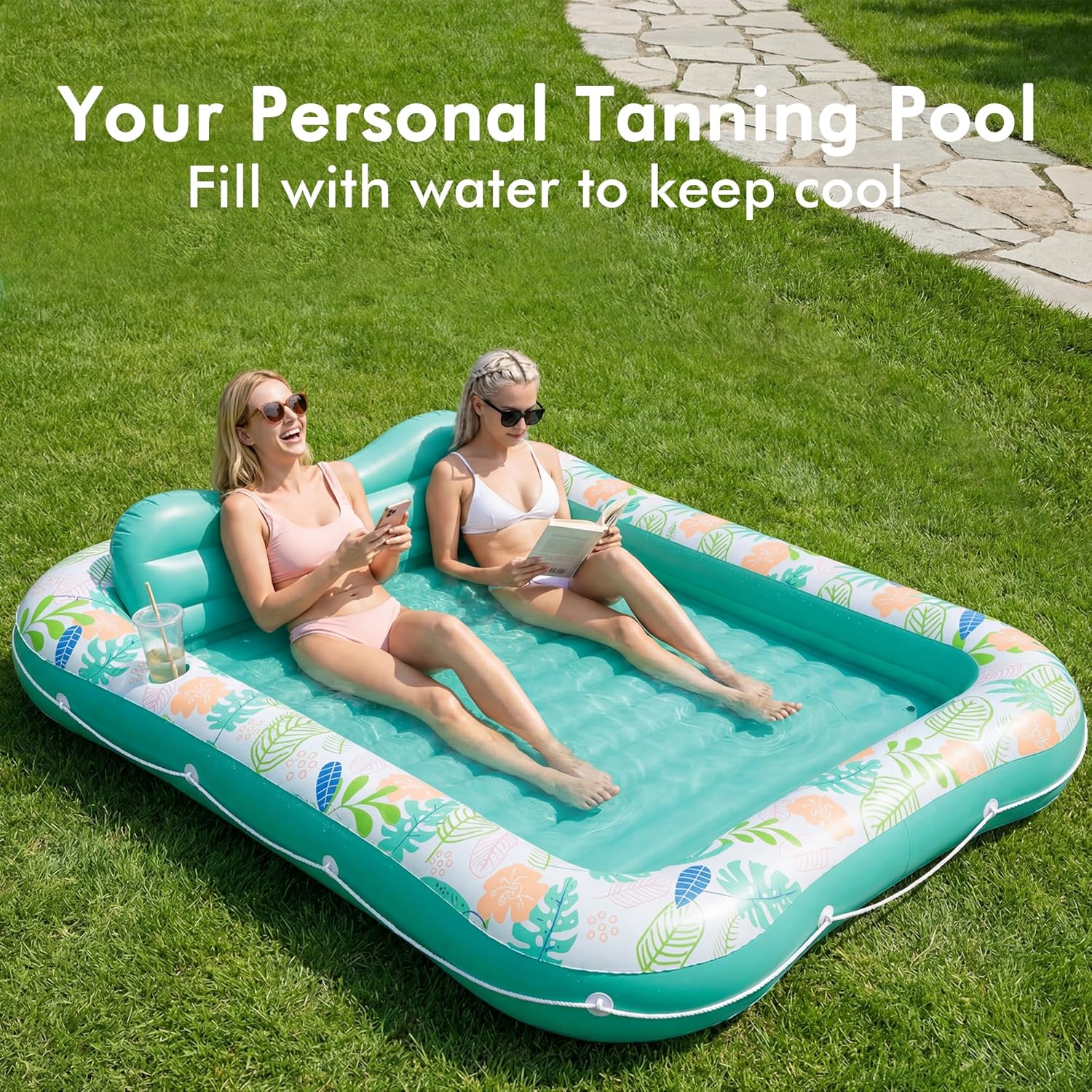 Inflatable Tanning Pool Lounger Float, Stonful 87" x 63" Pool Floats Adult with Pillow & Cup Holder, 4 in 1 Water