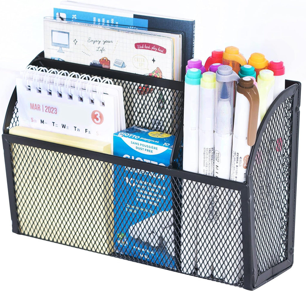 3-Grid Magnetic Pencil Holder, Strong Magnet Locker Organizer, Black | Mesh Magnetic Shelf, Marker Holder Perfect for