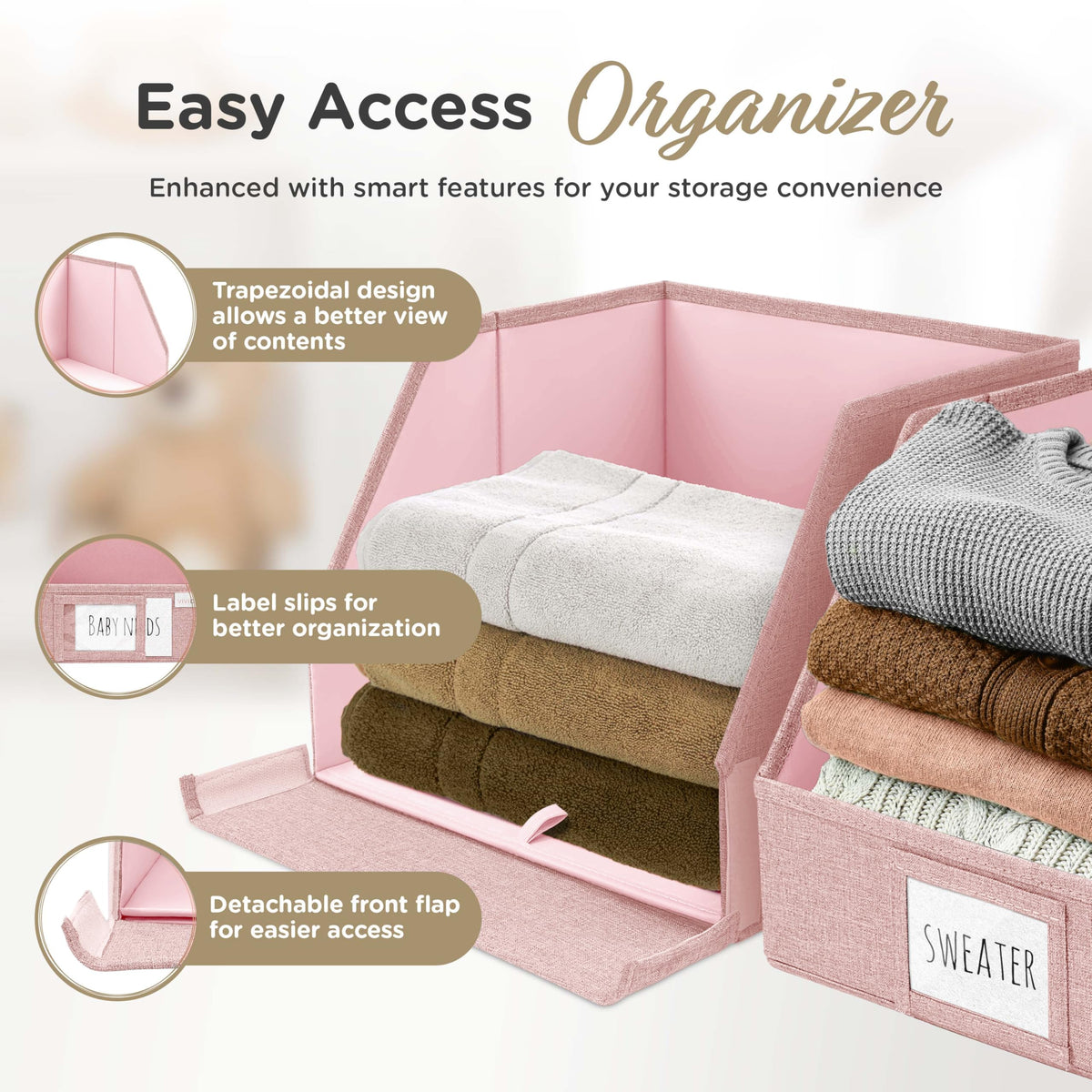 Open Front Trapezoid Closet Bins, Storage Baskets for Closets, Pink