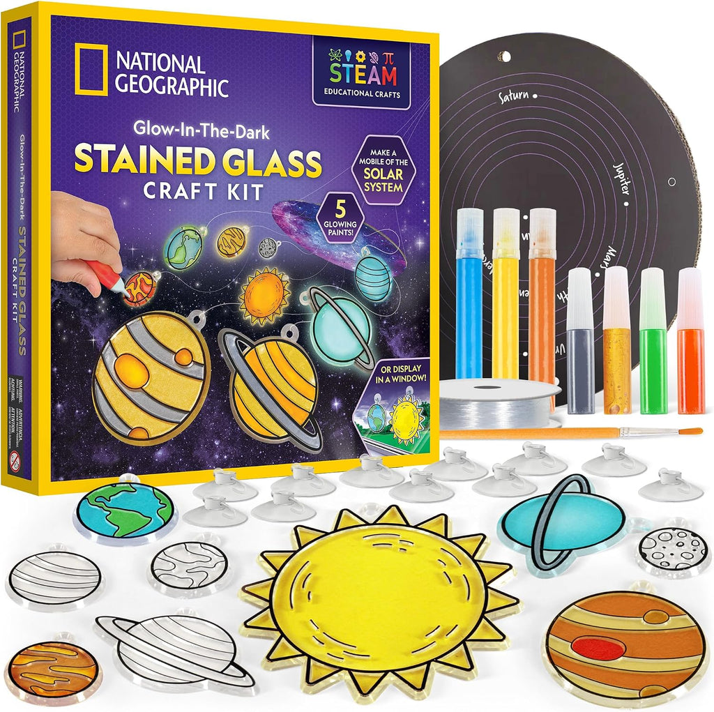 National Geographic Solar System Stained Glass Suncatcher Craft Kit | Glow-in-the-Dark Planets, Window Suncatchers