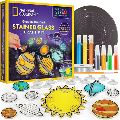 National Geographic Solar System Stained Glass Suncatcher Craft Kit | Glow-in-the-Dark Planets, Window Suncatchers
