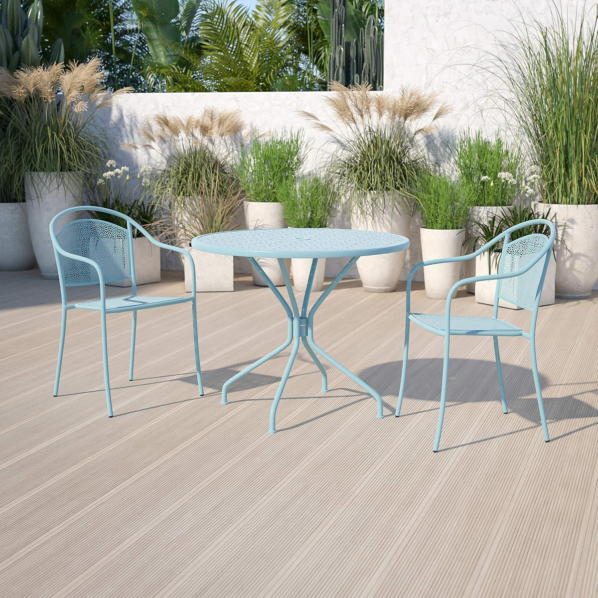 35.25" Round Patio Table with Umbrella Hole, Sky Blue