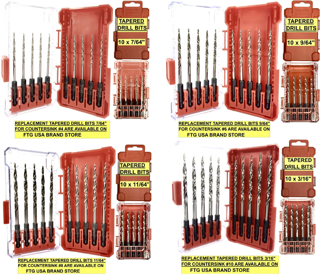 FTG USA 4 Pc #4#6#8#10 Countersink Drill Bit Set with Tapered Drill Bits