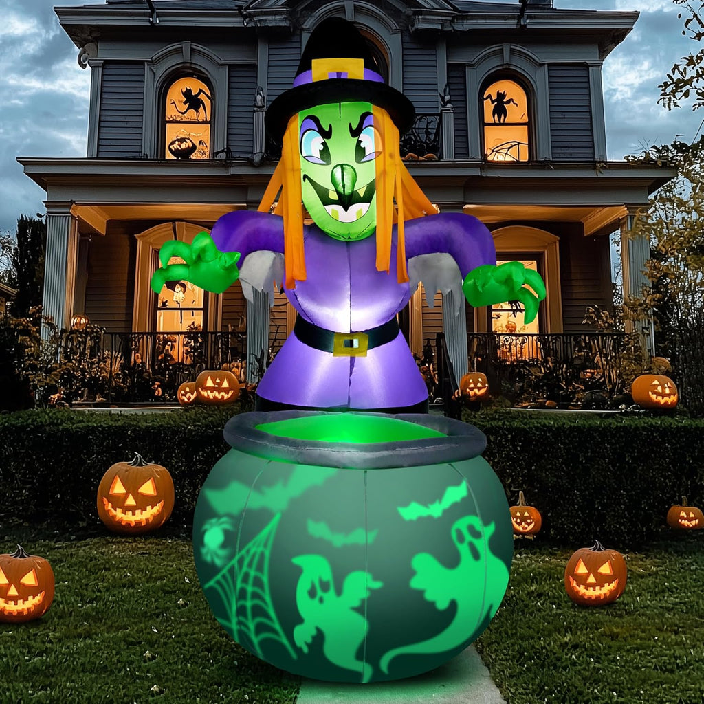6 Ft Halloween Inflatable Witch and Cauldron Decoration with Projecting Rotating Green Ghost Light, Inflatable Yard