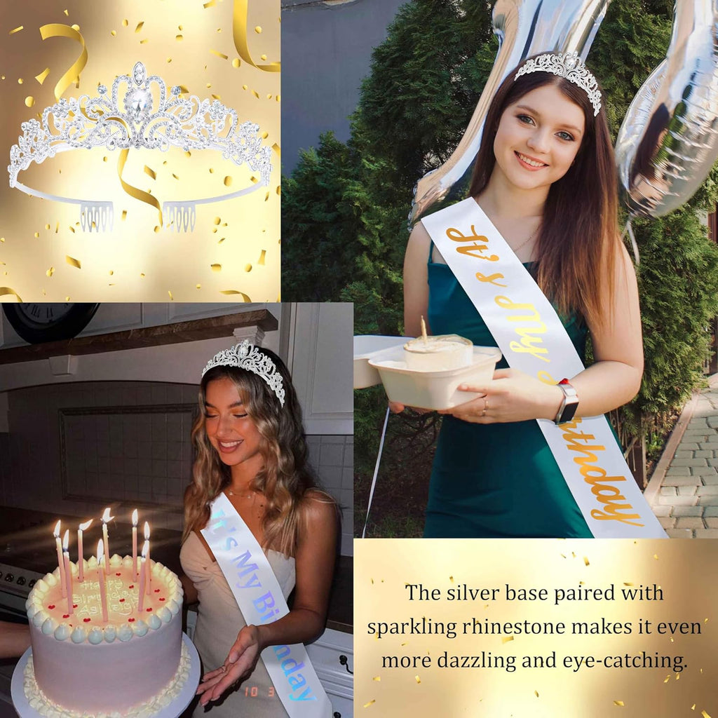 Custom White Sash and Crown, Silver Tiara Crown with Blank Satin Sash for Women Girls Sparkly Rhinestone Tiara Make