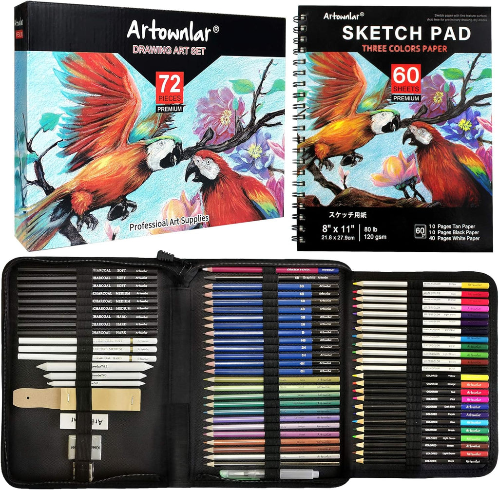 72 Pack Drawing Sketching Set with 8x11 Sketchbook | Pro Art Supplies Kit for Artist Adults Teens Beginner | Graphite