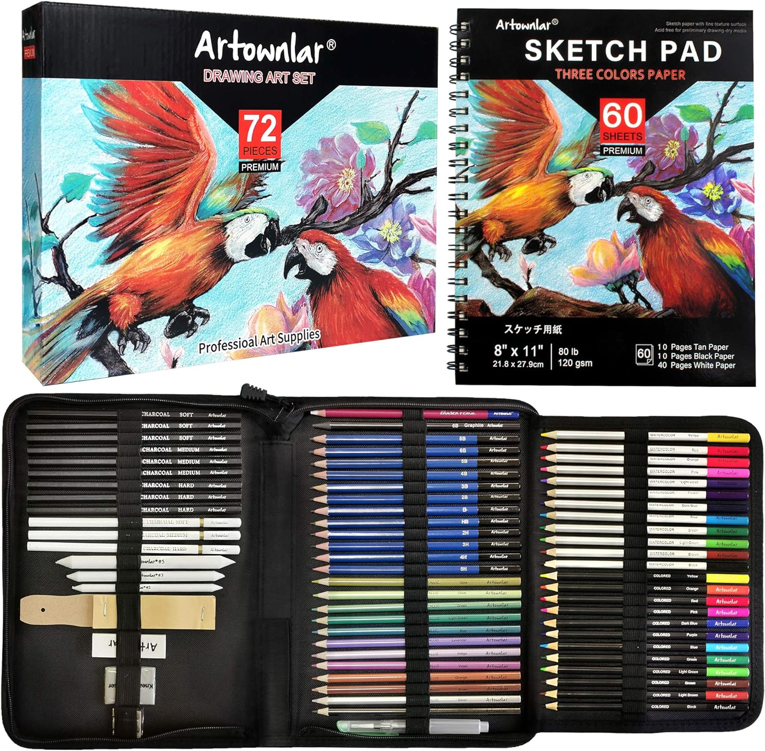 72 Pack Drawing Sketching Set with 8x11 Sketchbook | Pro Art Supplies Kit for Artist Adults Teens Beginner | Graphite