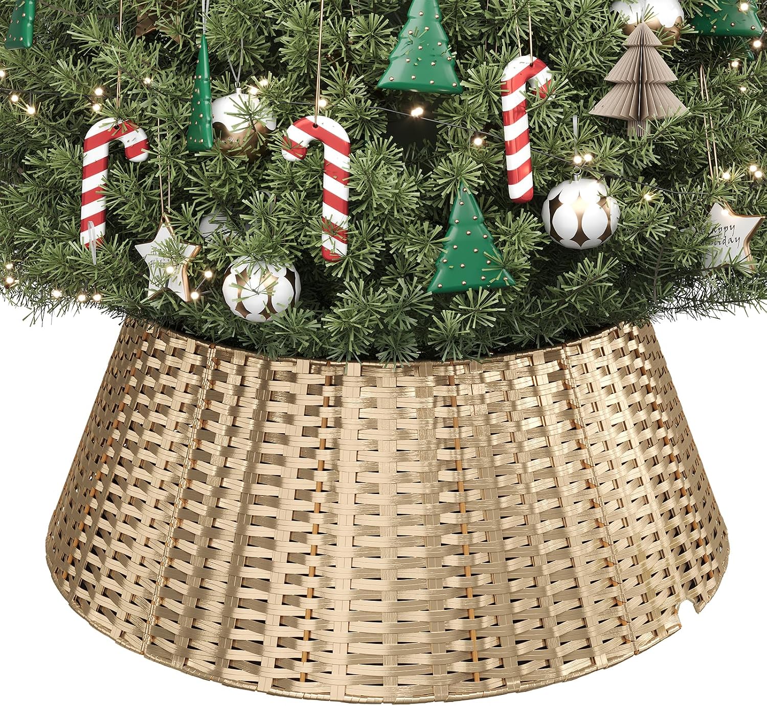 Gold Christmas Tree Collar, 28 Inch Woven Xmas Tree Skirt for 7.5 ft Trees, Stylish Rustic Basket for Tree Base Cover