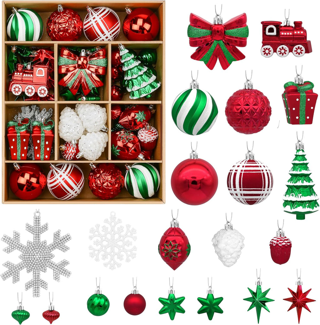 82pcs Classic Christmas Balls Ornaments Set, Red, White and Green | Delightful Gift Set, Shatterproof Plastic