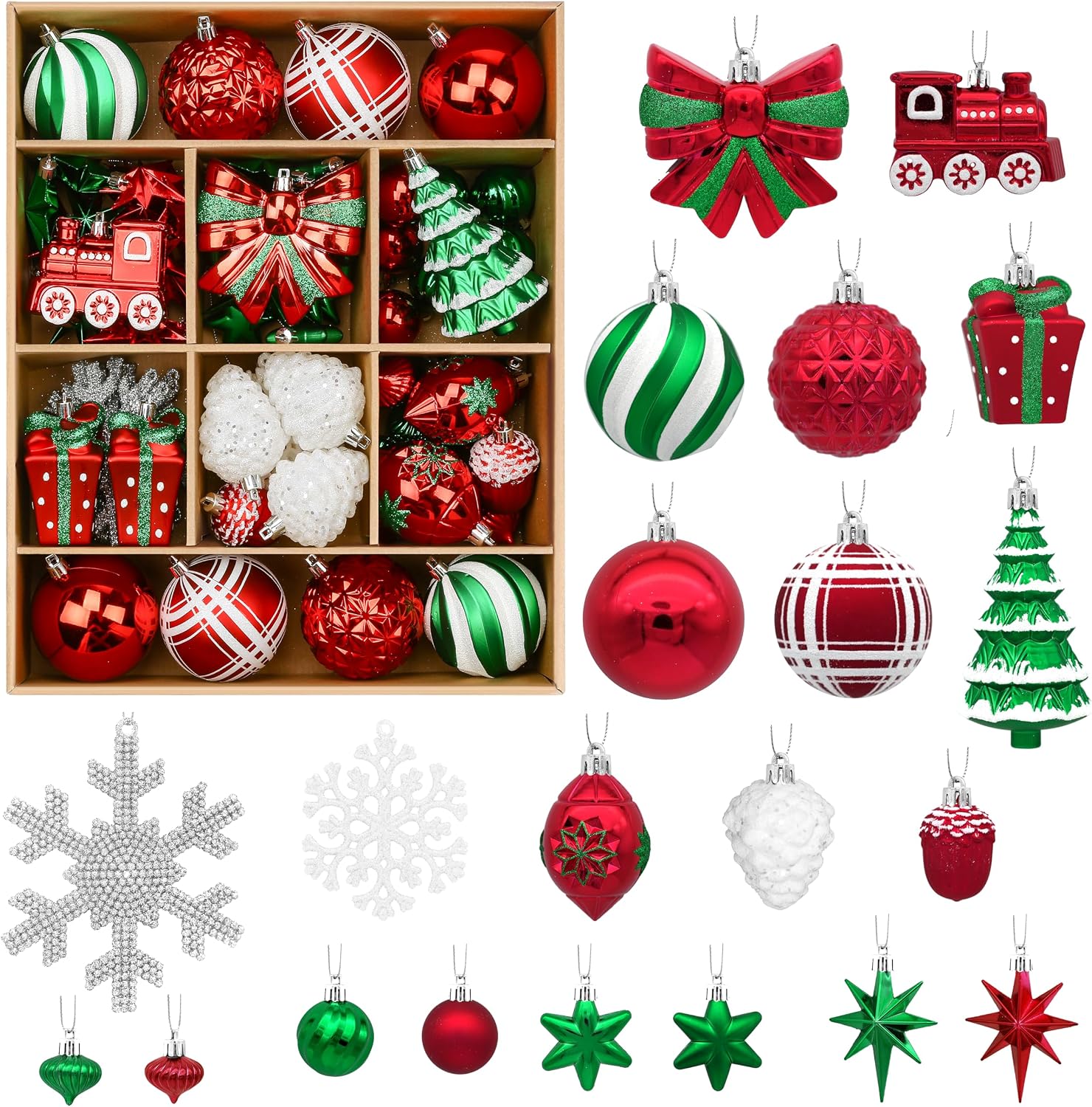 82pcs Classic Christmas Balls Ornaments Set, Red, White and Green | Delightful Gift Set, Shatterproof Plastic