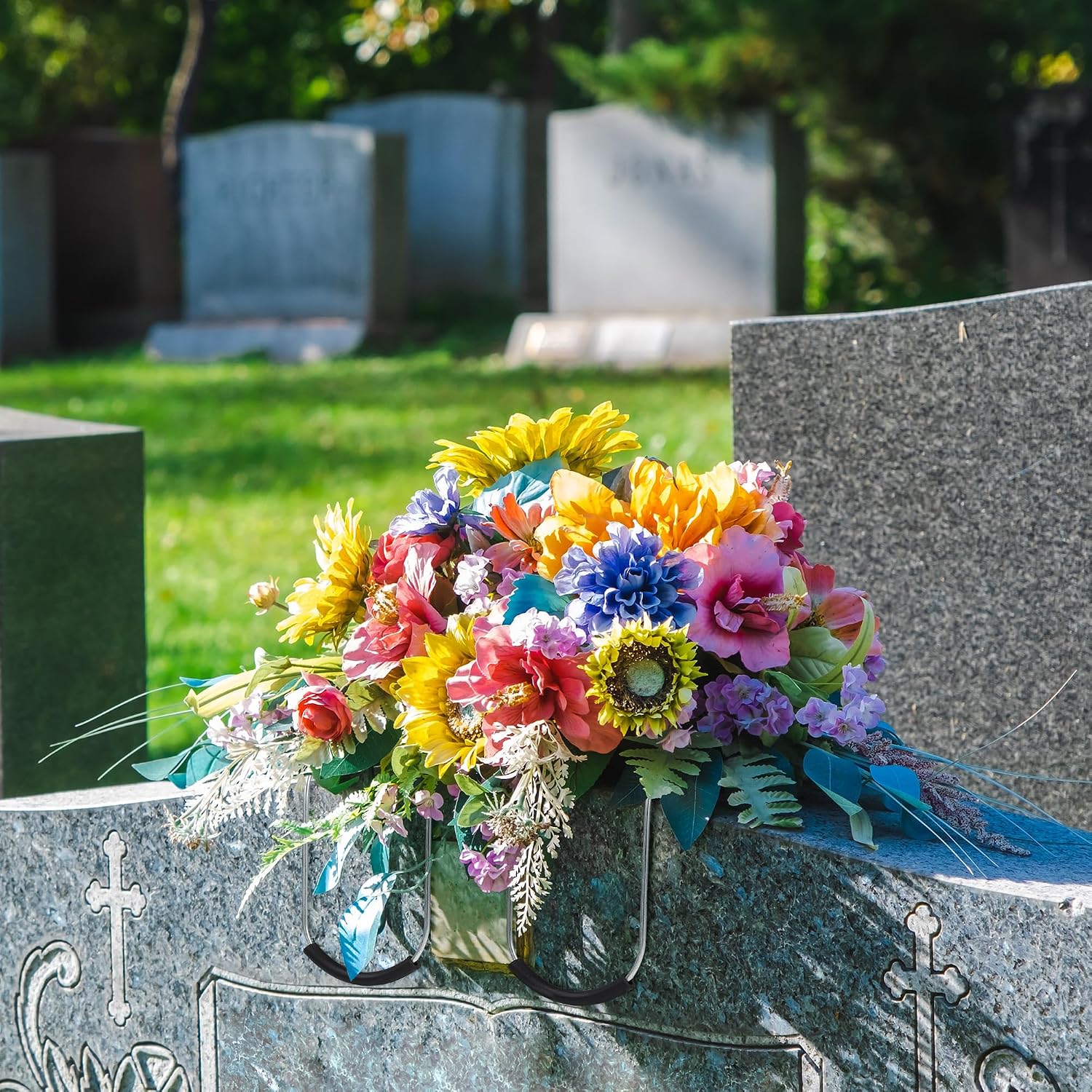 6 Pack Headstone Flower Saddle with Floral Foam 17 x 12 Inch Gravestone Saddle Cemetery Flower Holder Outdoor Wire