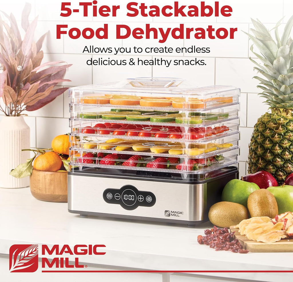 Food Dehydrator Machine | 5 Stackable Stainless Steel Trays, 48H Digital Adjustable Timer & Temperature Control Upto
