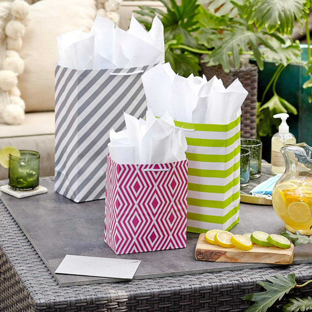 Gift Bags, 12-Pack, Assorted Sizes (Green, Blue, Pink, Grey)